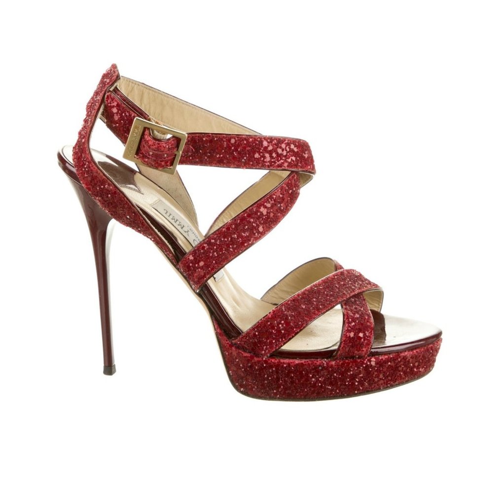 ๐ JIMMY CHOO Strappy Red Glitter Sandals Heels - Picture 1 of 6